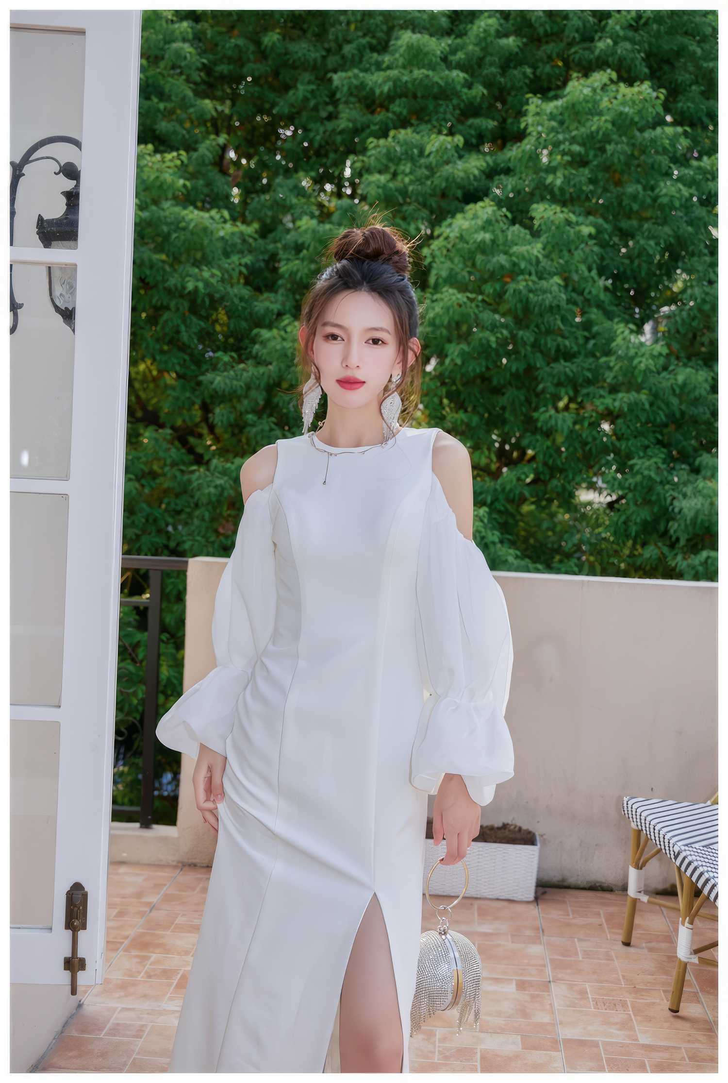 Flounce Sleeve Side-Slit Dress