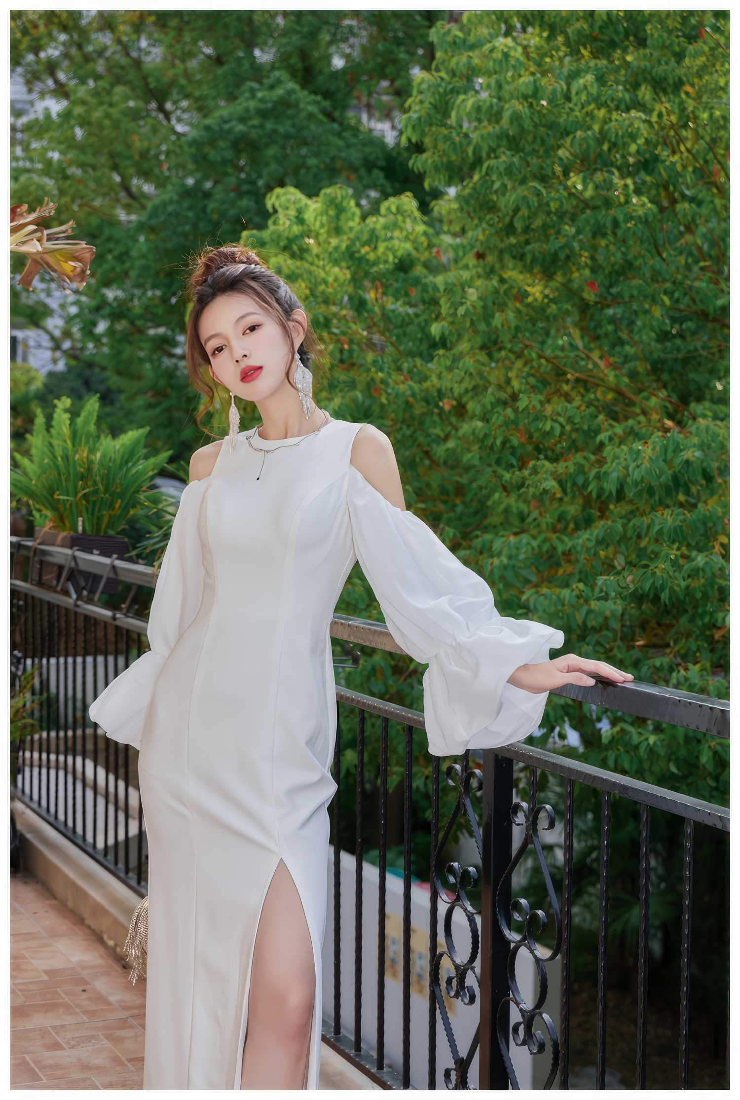 Flounce Sleeve Side-Slit Dress