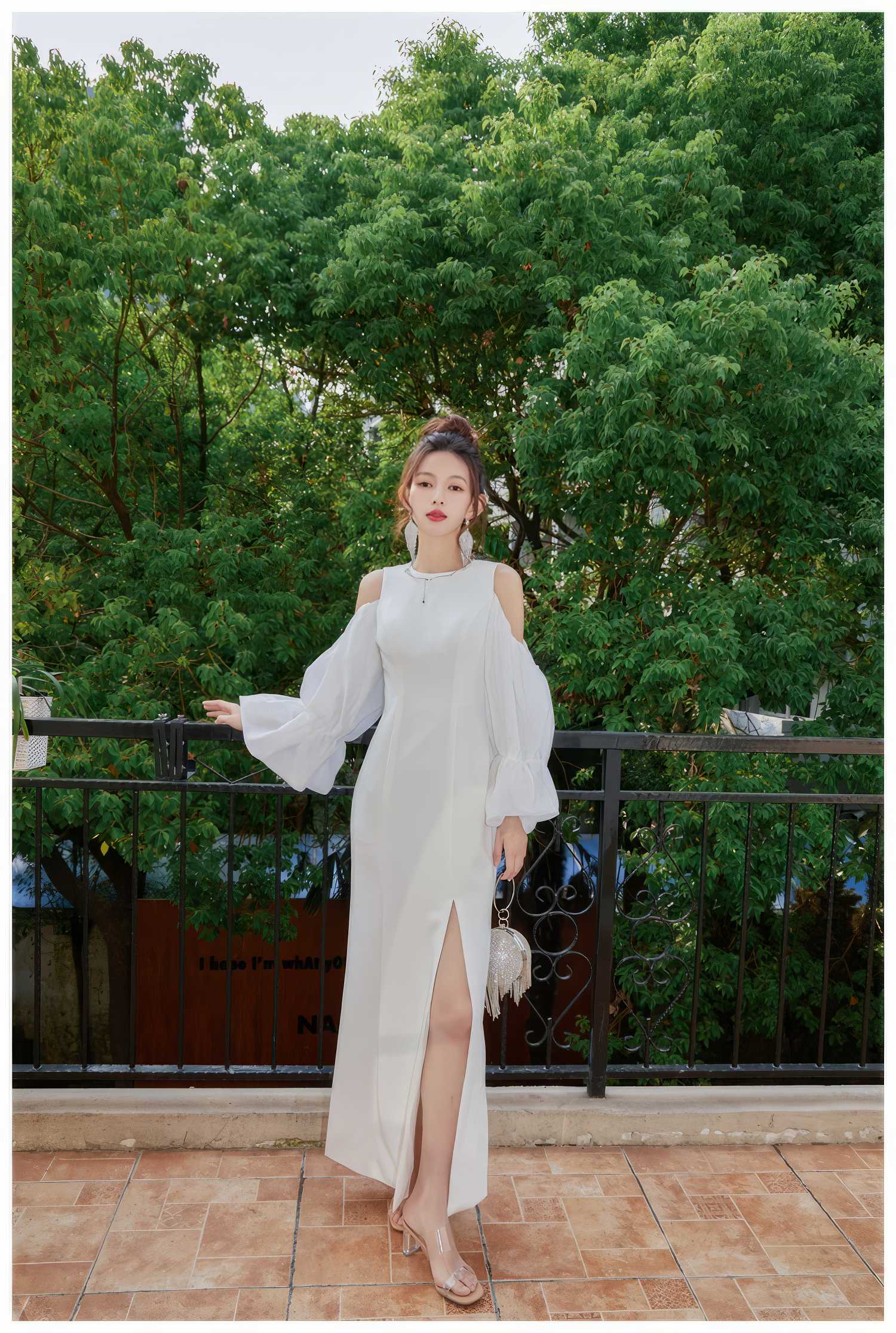 Flounce Sleeve Side-Slit Dress