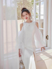 Flounce Sleeve Side-Slit Dress S / White