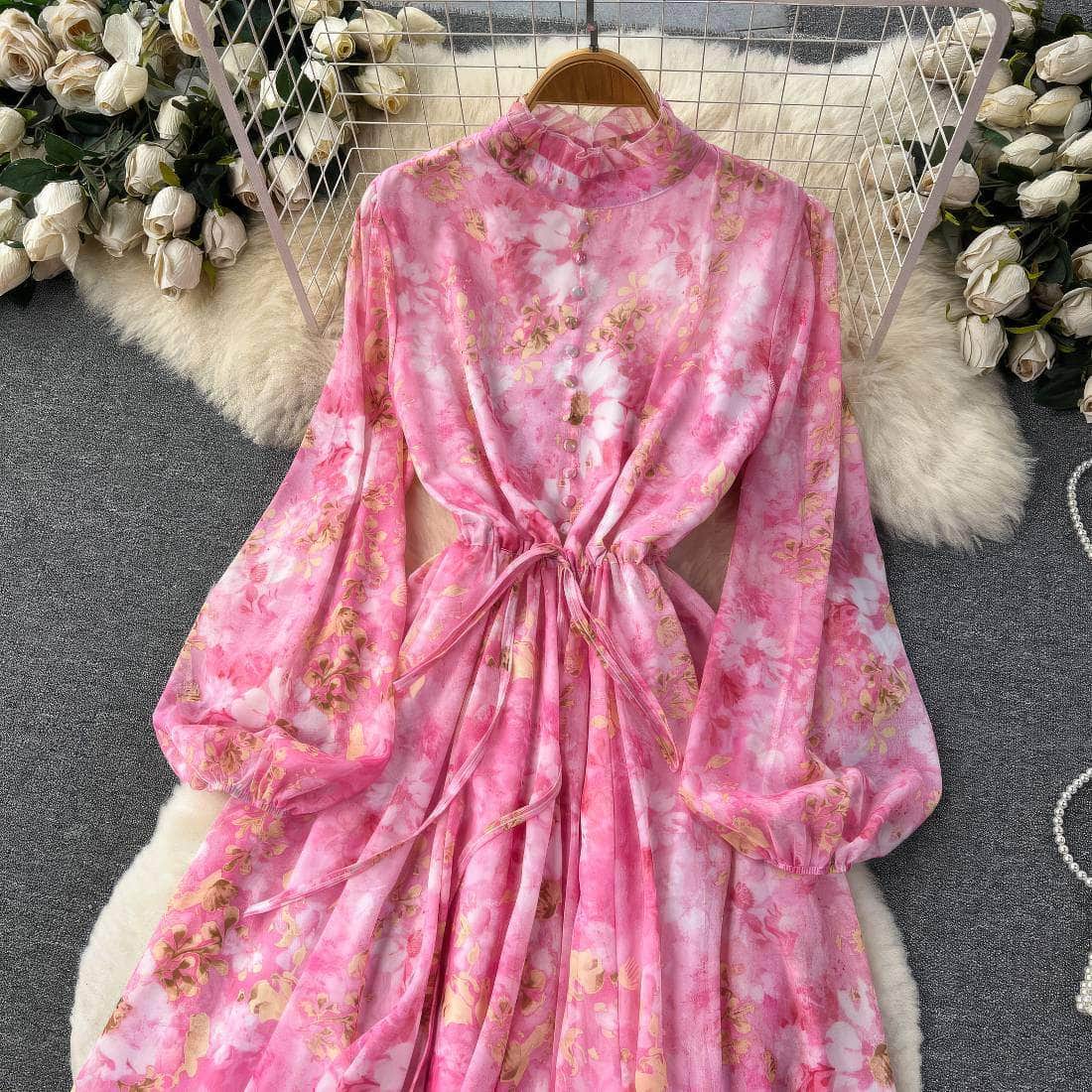 Flounce Sleeves Asymmetrical Hem Floral Print Dress