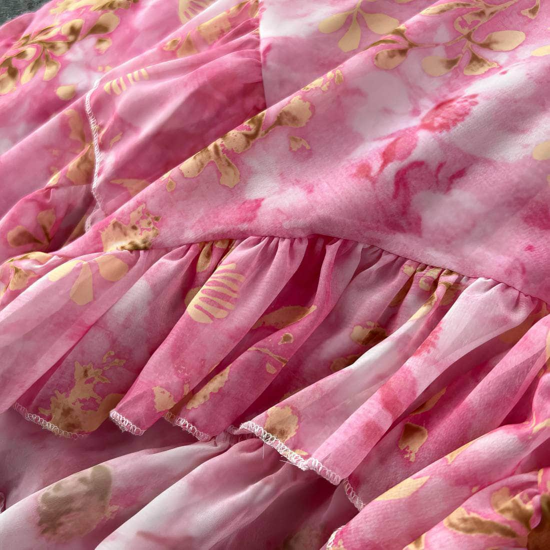 Flounce Sleeves Asymmetrical Hem Floral Print Dress