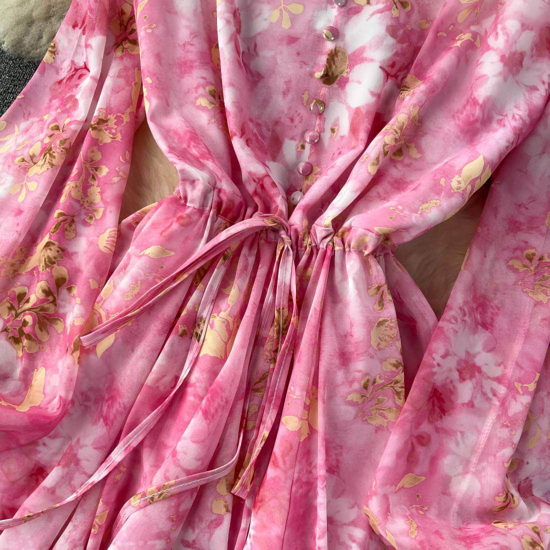 Flounce Sleeves Asymmetrical Hem Floral Print Dress