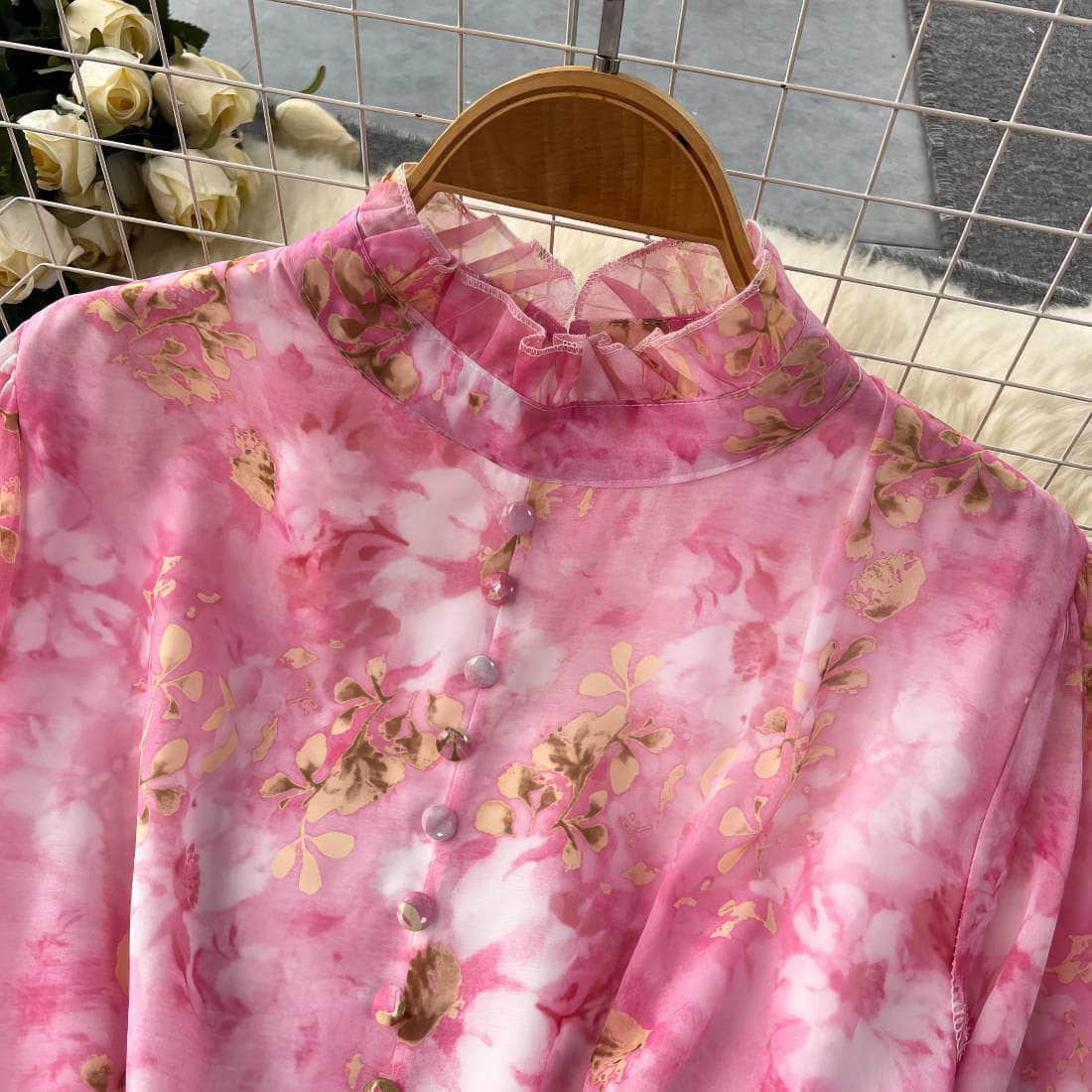 Flounce Sleeves Asymmetrical Hem Floral Print Dress