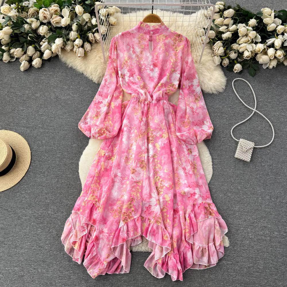 Flounce Sleeves Asymmetrical Hem Floral Print Dress