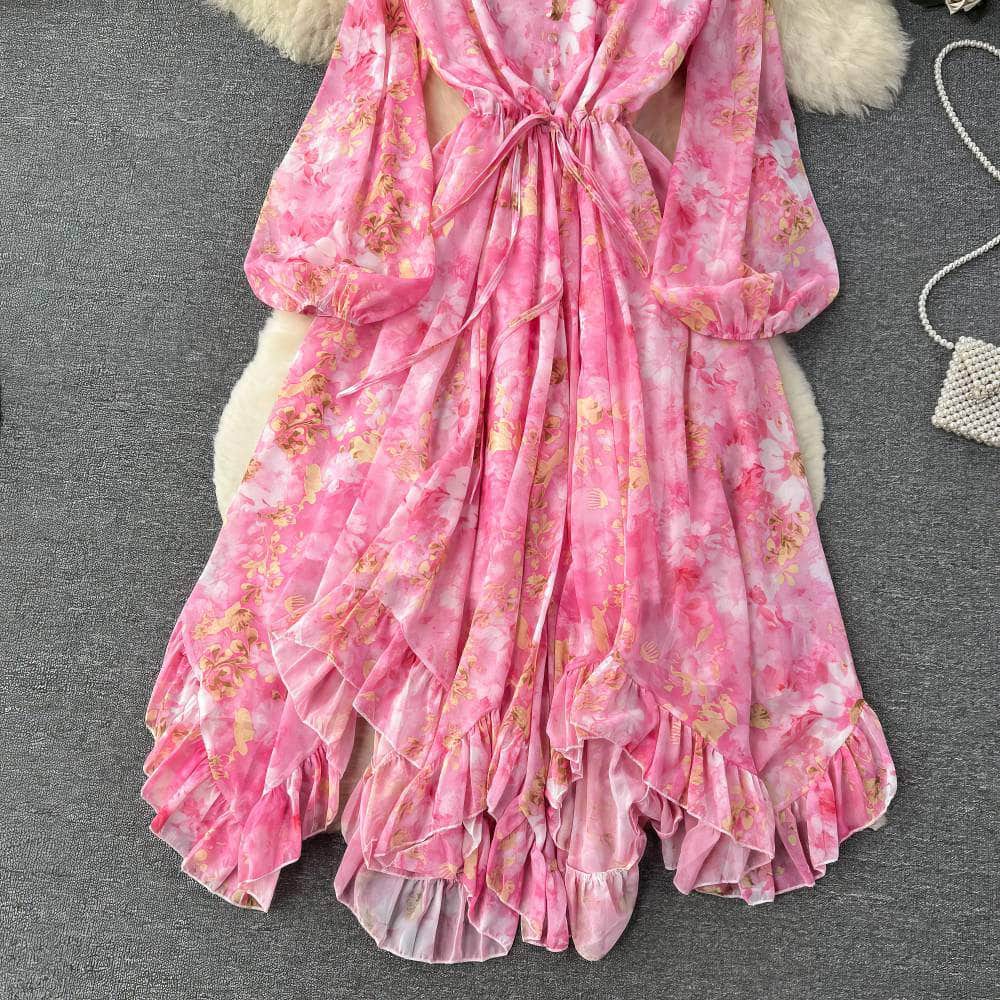 Flounce Sleeves Asymmetrical Hem Floral Print Dress