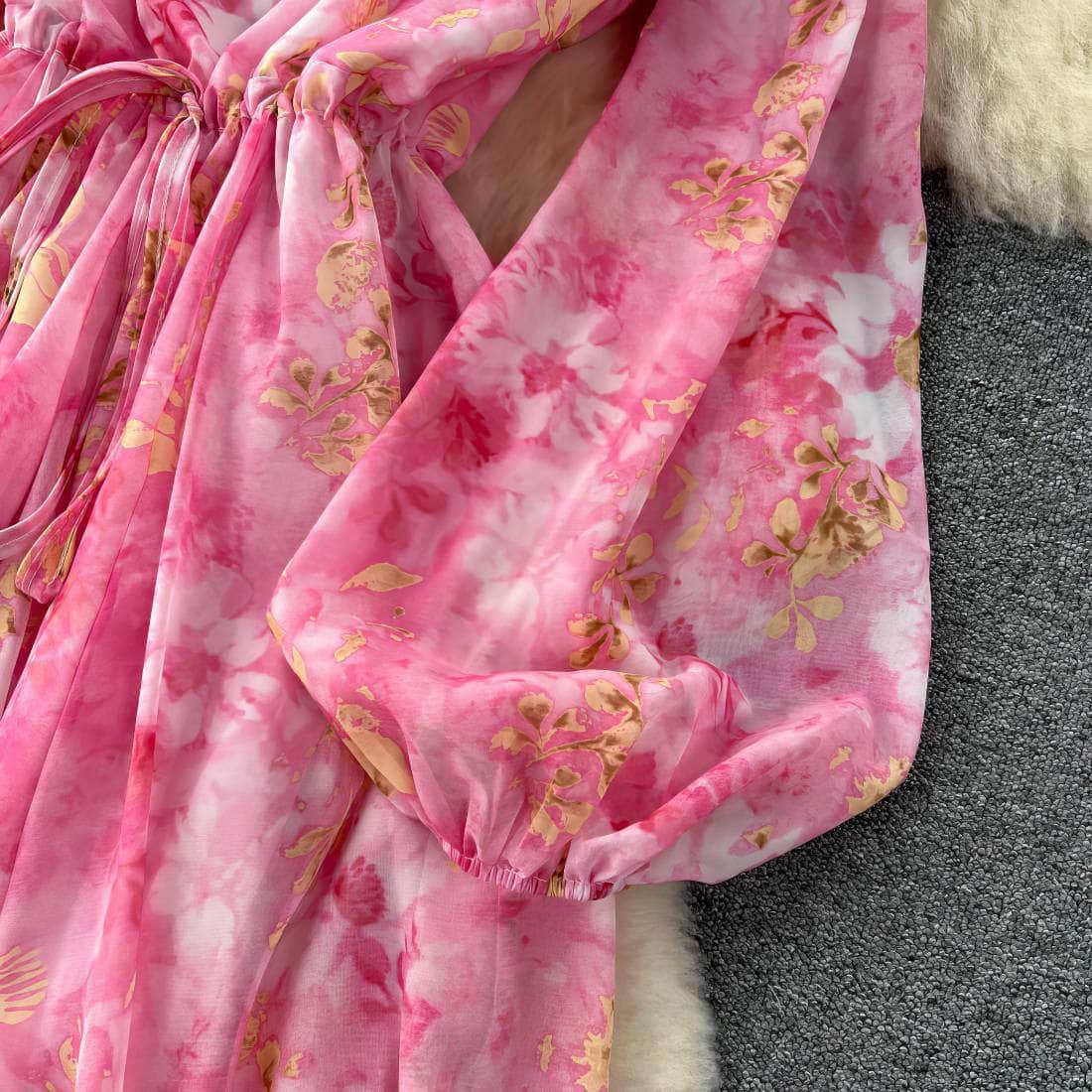 Flounce Sleeves Asymmetrical Hem Floral Print Dress