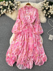 Flounce Sleeves Asymmetrical Hem Floral Print Dress