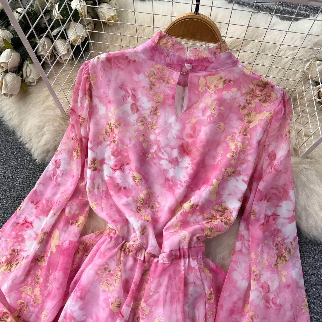 Flounce Sleeves Asymmetrical Hem Floral Print Dress