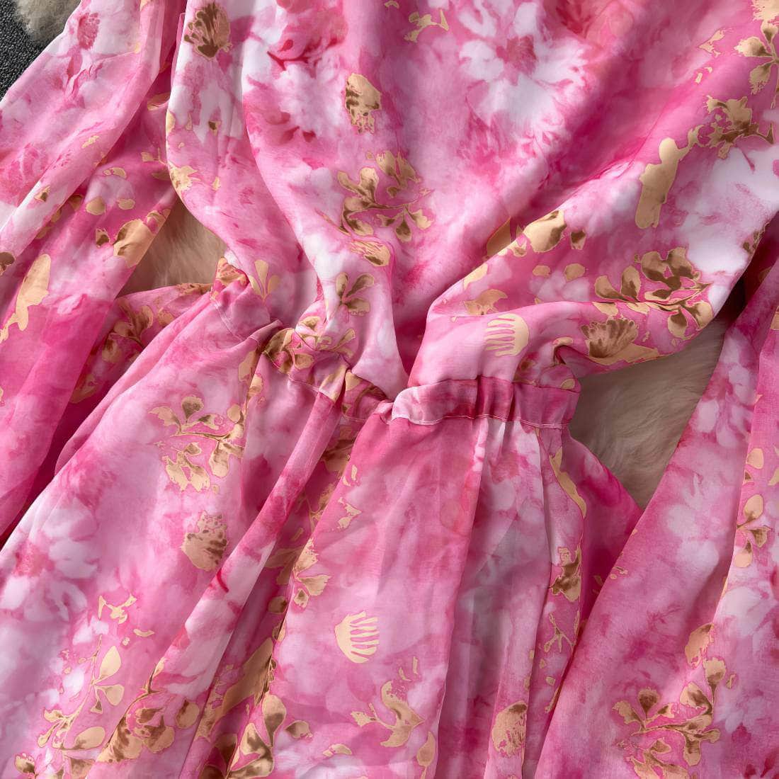Flounce Sleeves Asymmetrical Hem Floral Print Dress