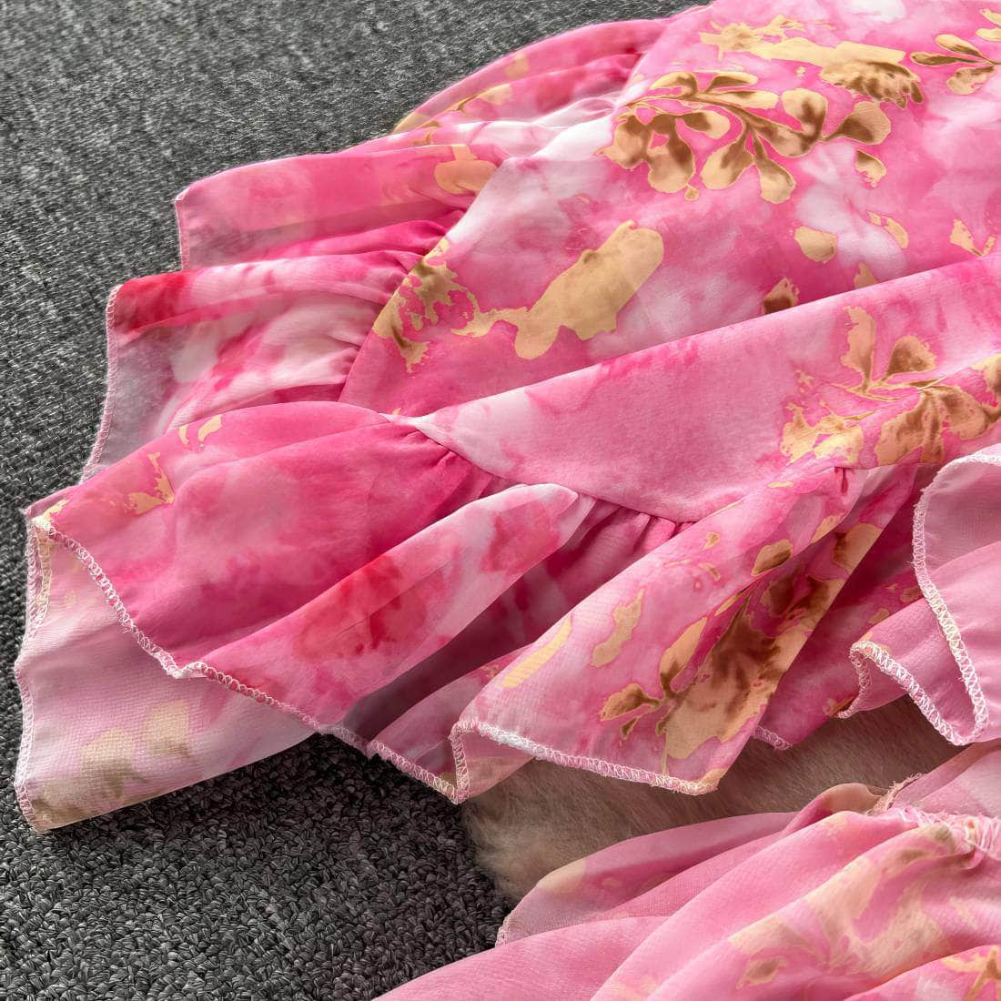 Flounce Sleeves Asymmetrical Hem Floral Print Dress
