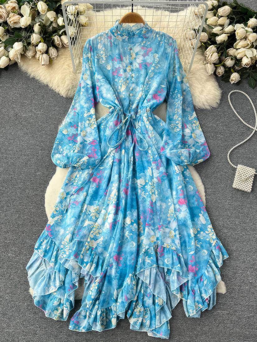 Flounce Sleeves Asymmetrical Hem Floral Print Dress MAX SIZE / DeepSkyBlue