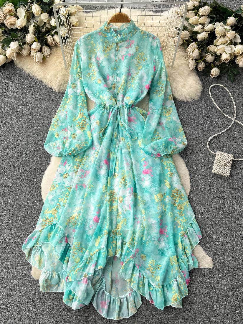 Flounce Sleeves Asymmetrical Hem Floral Print Dress MAX SIZE / Green