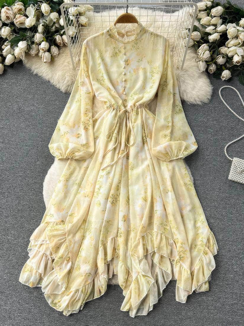 Flounce Sleeves Asymmetrical Hem Floral Print Dress MAX SIZE / LightYellow