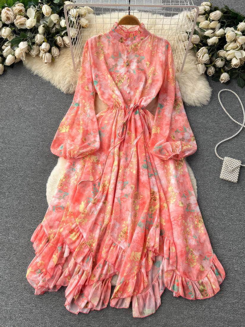 Flounce Sleeves Asymmetrical Hem Floral Print Dress MAX SIZE / Orange