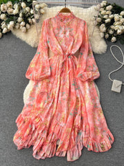 Flounce Sleeves Asymmetrical Hem Floral Print Dress MAX SIZE / Orange