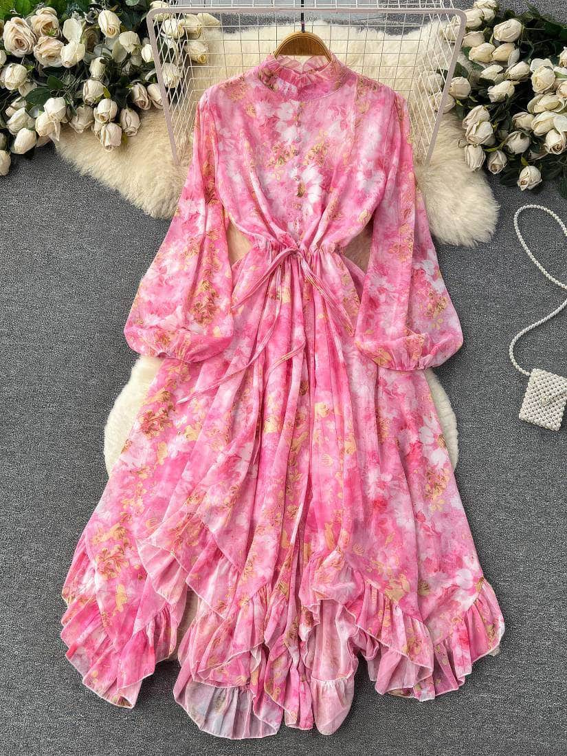 Flounce Sleeves Asymmetrical Hem Floral Print Dress MAX SIZE / Pink