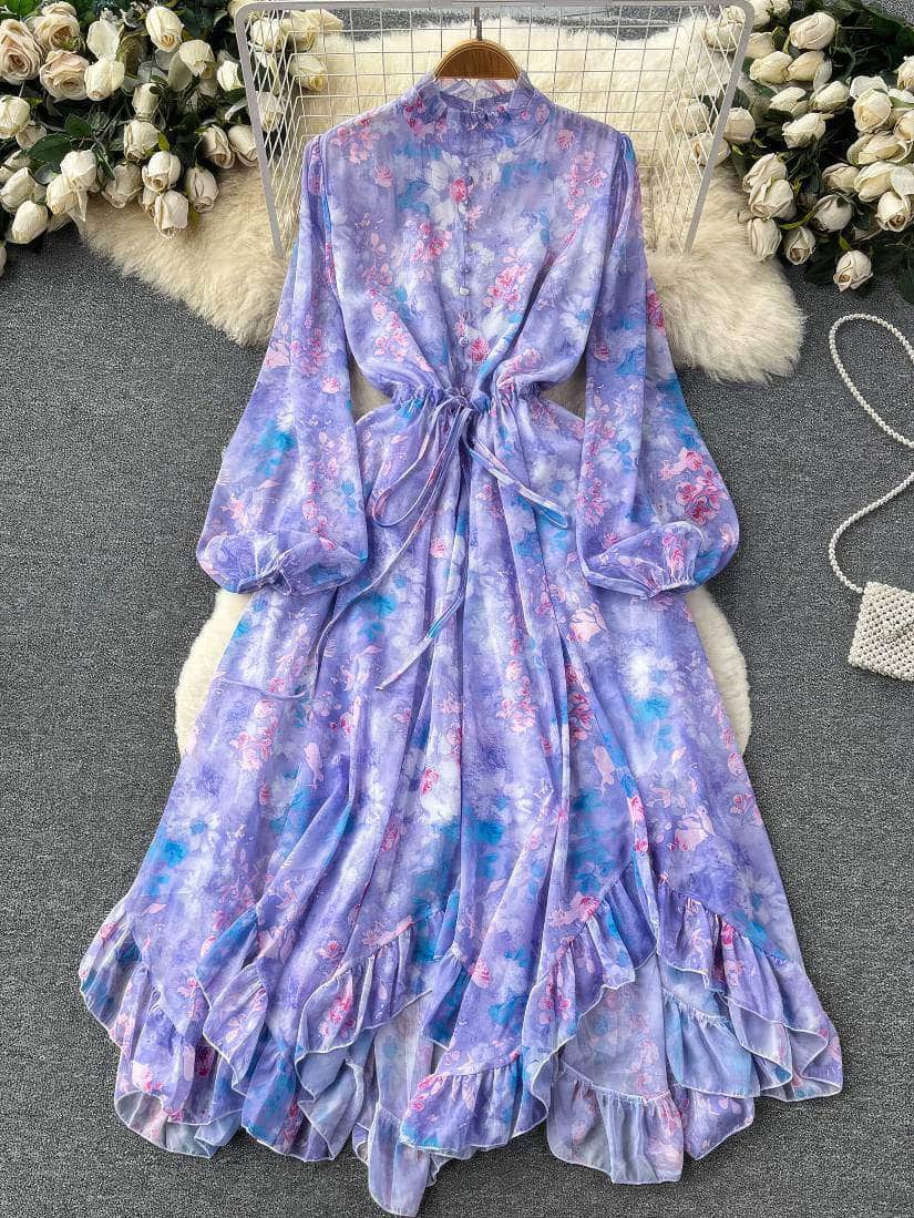 Flounce Sleeves Asymmetrical Hem Floral Print Dress MAX SIZE / Purple
