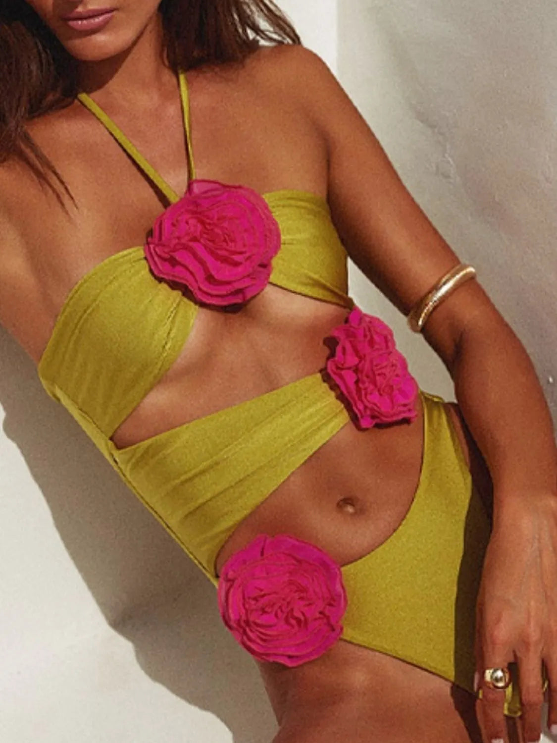 Flower Cutout Halter Neck One-Piece Swimwear Yellow-Green / S
