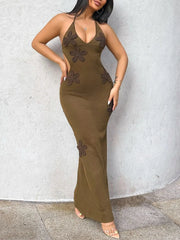 Flower Halter Neck Maxi Knit Dress Brown / S