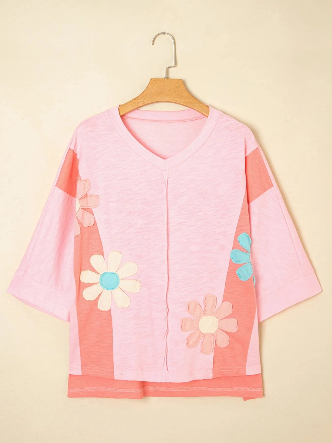 Flower Patched Exposed Seam Oversized T Shirt