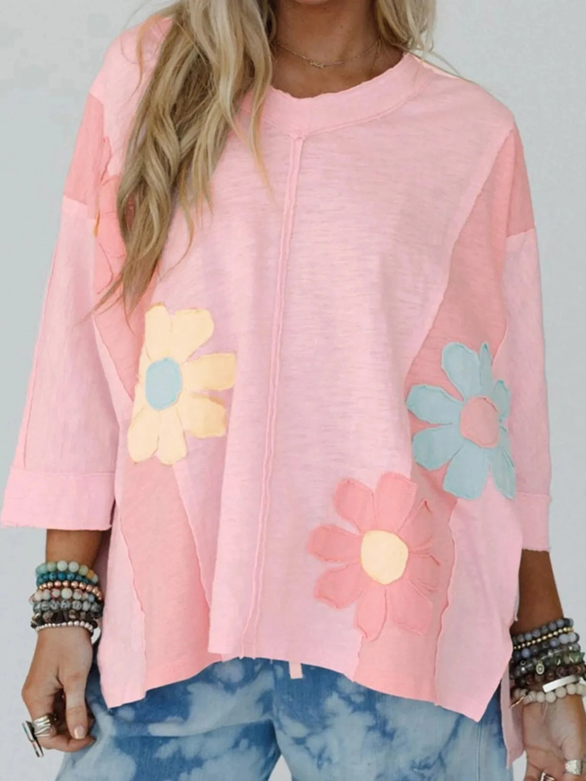 Flower Patched Exposed Seam Oversized T Shirt Watermelon pink / S