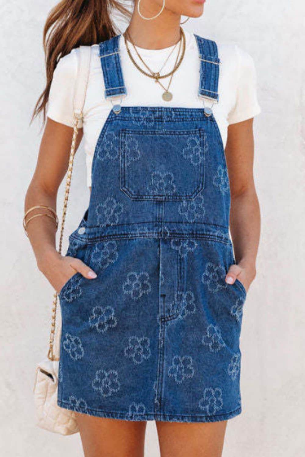 Flower Print Square Neck Denim Overall Dress