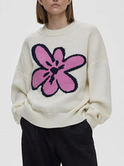 Flower Ribbed Hem Round Neck Sweater