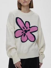 Flower Ribbed Hem Round Neck Sweater Pink / One Size