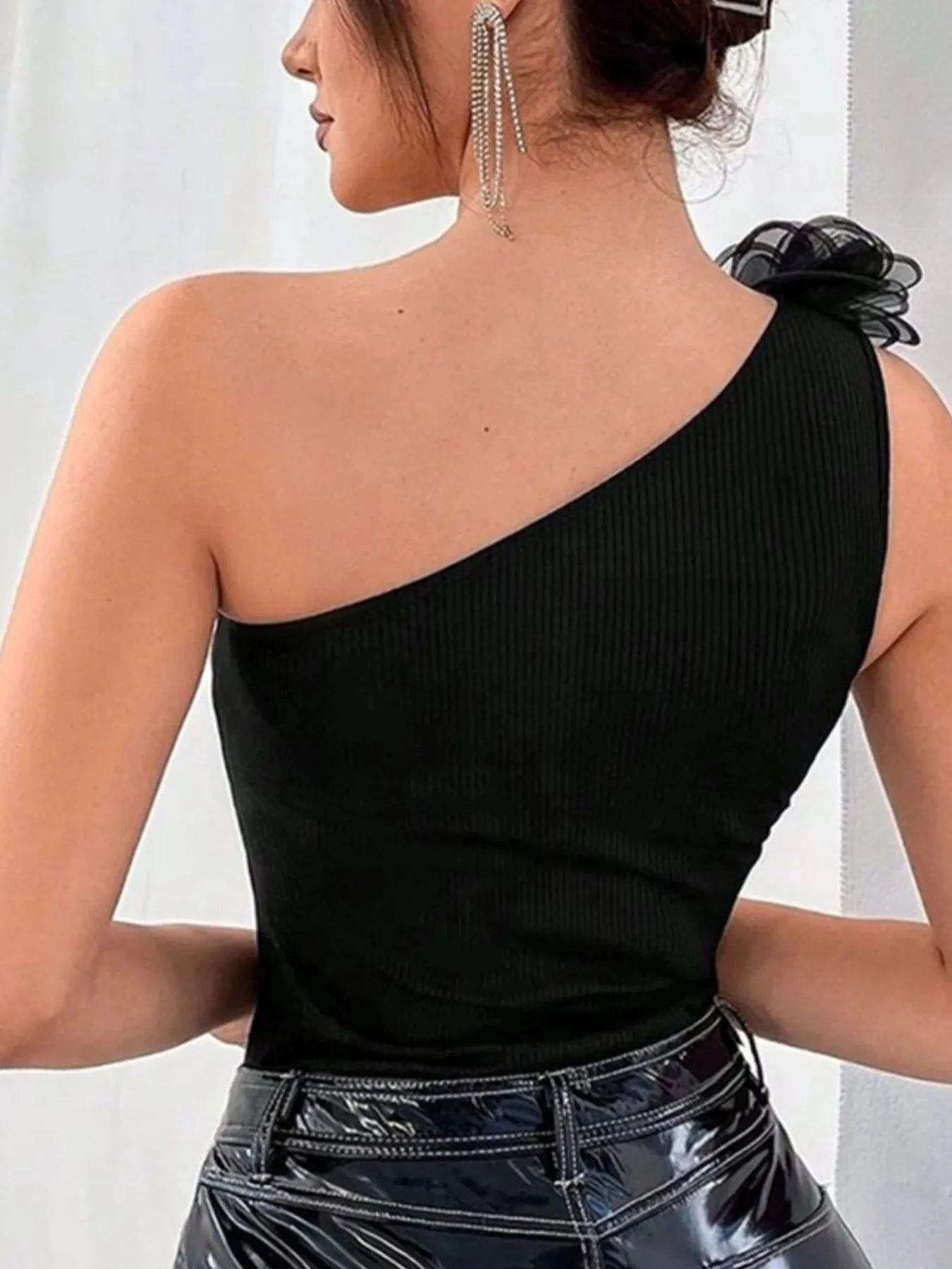 Flower Ribbed Single Shoulder Tank