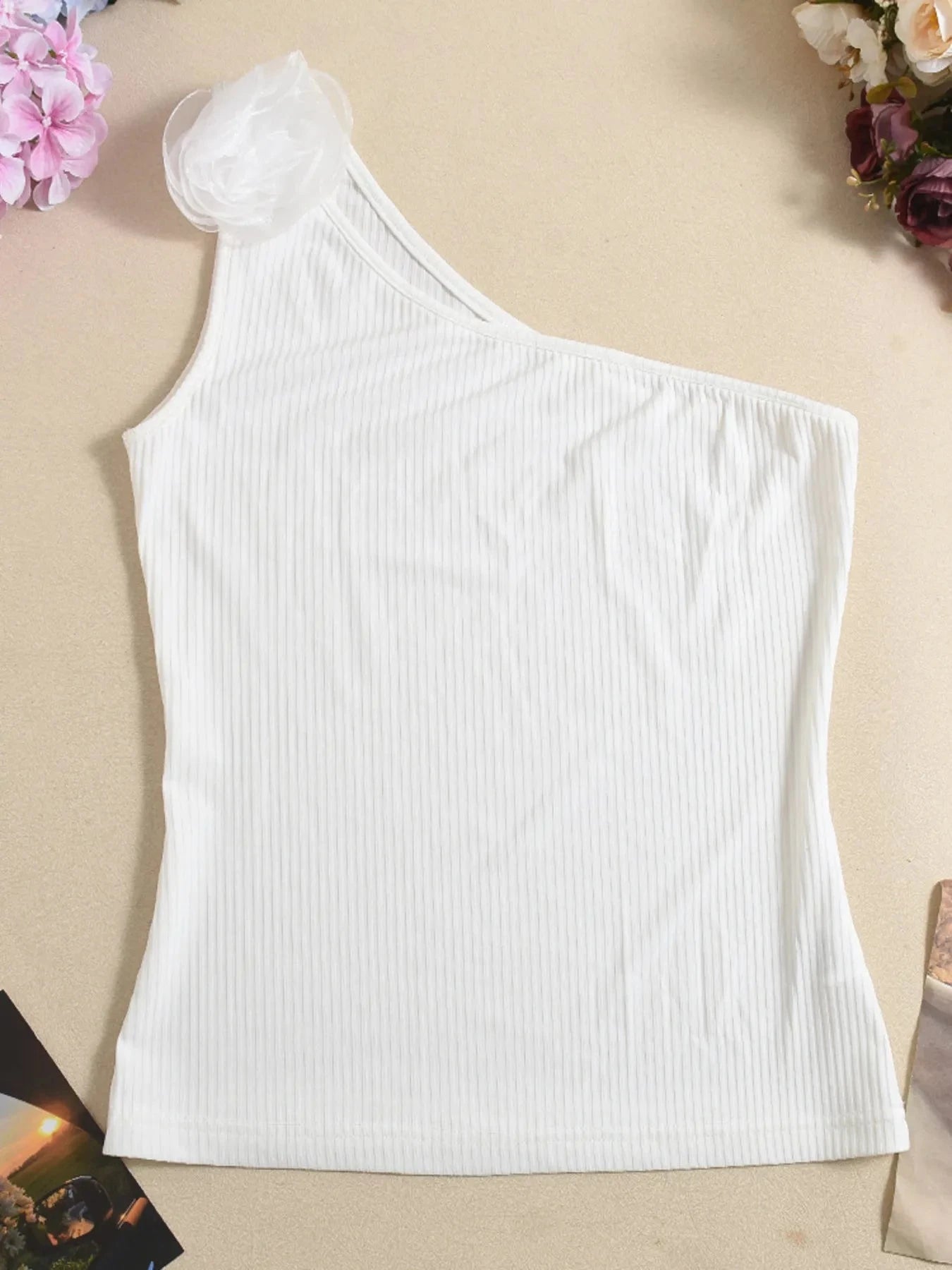 Flower Ribbed Single Shoulder Tank
