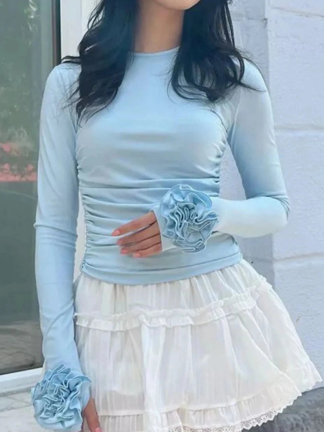 Flower Round Neck Long Sleeve T-Shirt