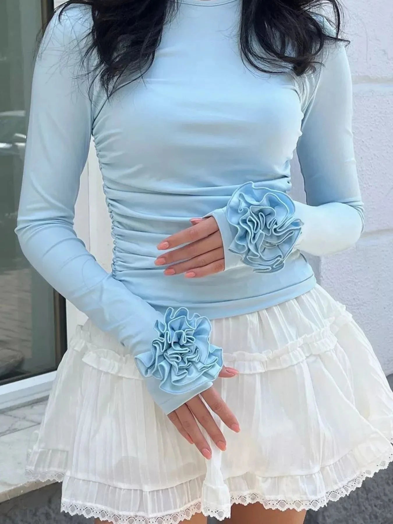 Flower Round Neck Long Sleeve T-Shirt Light Blue / S