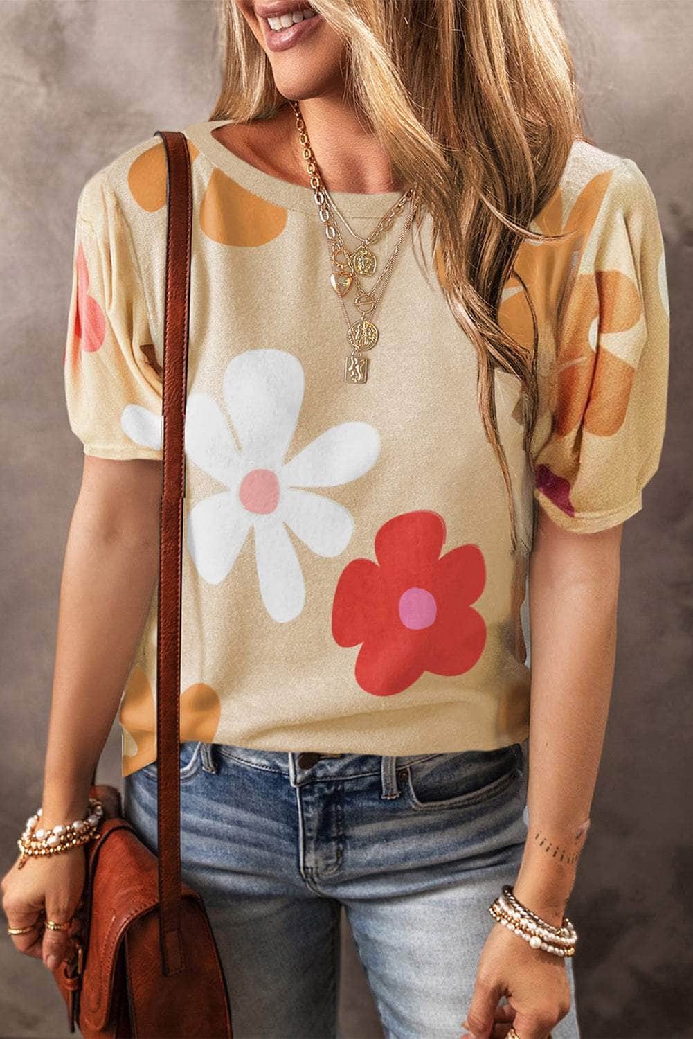 Flower Round Neck Short Sleeve Blouse Sand / S