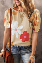 Flower Round Neck Short Sleeve Blouse Sand / S