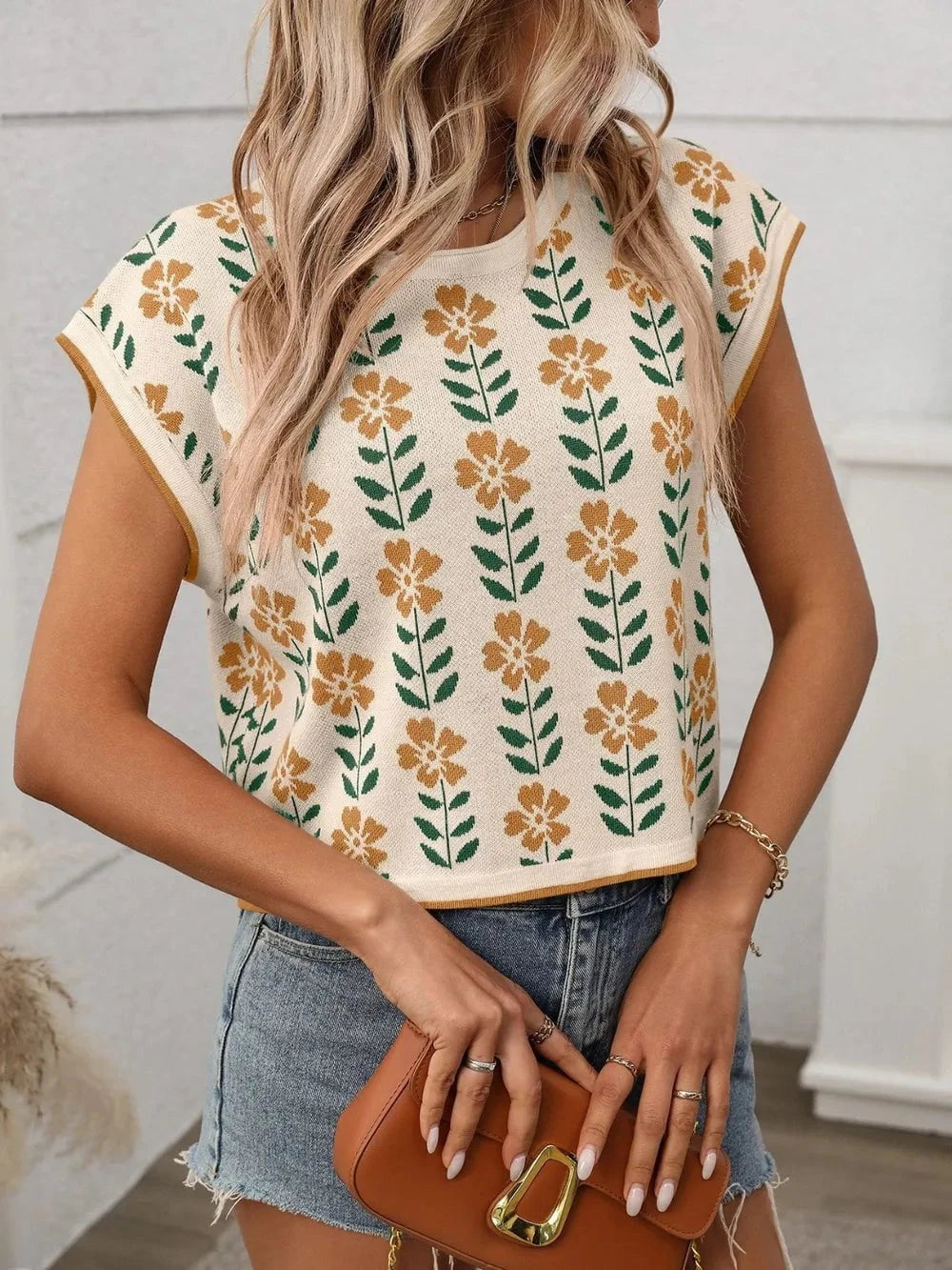 Flower Round Neck Short Sleeve Knit Top Tan / S