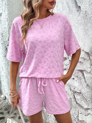 Flower Round Neck Top and Shorts Lounge Set Pink / XS