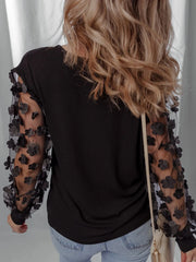 Flower Sheer Sleeve V-Neck Blouse