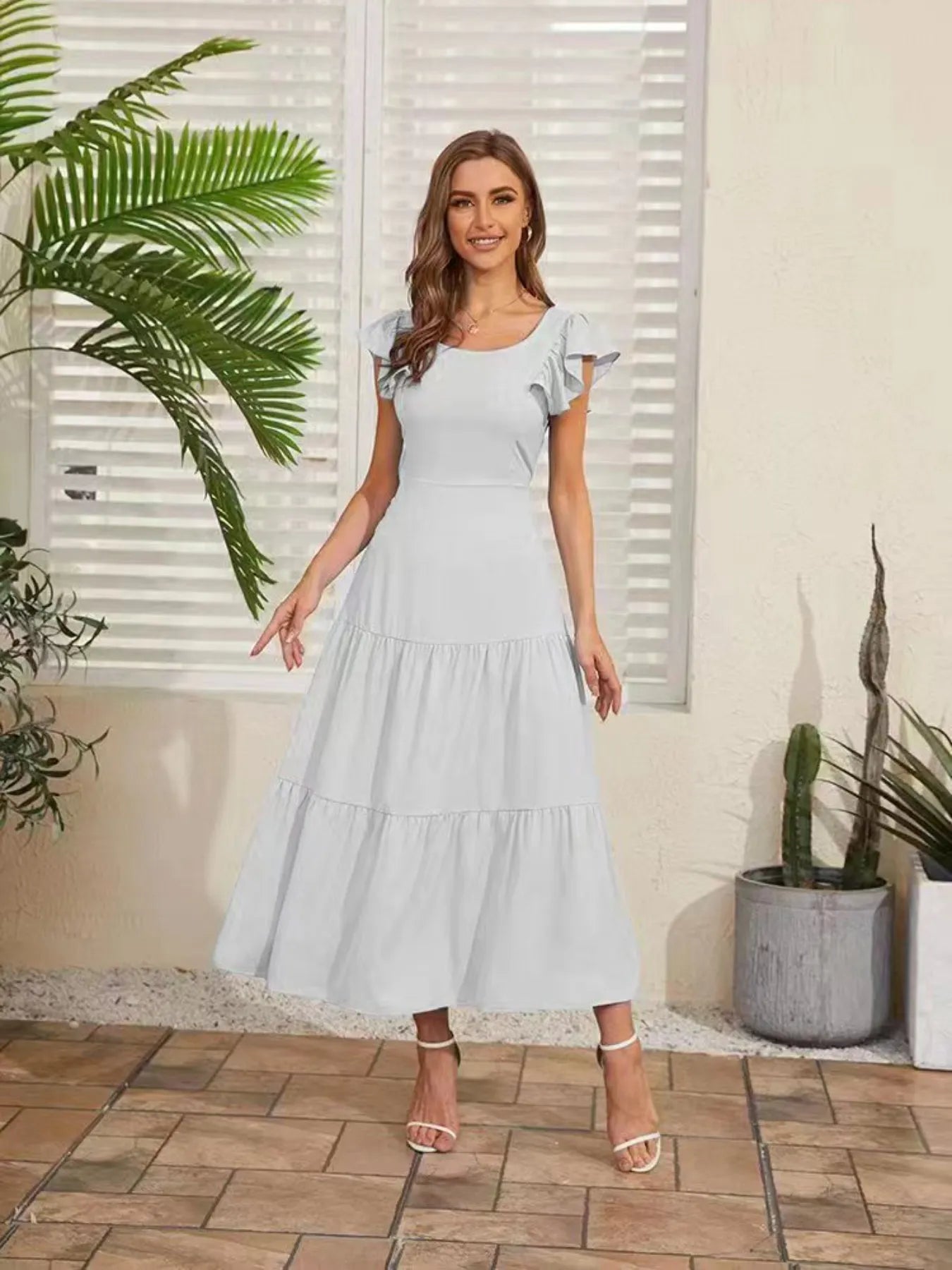 Flutter Sleeve Cutout Summer Midi Dress White / S