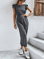 Flutter Sleeve Elastic Waist Jumpsuit Dark Gray / S
