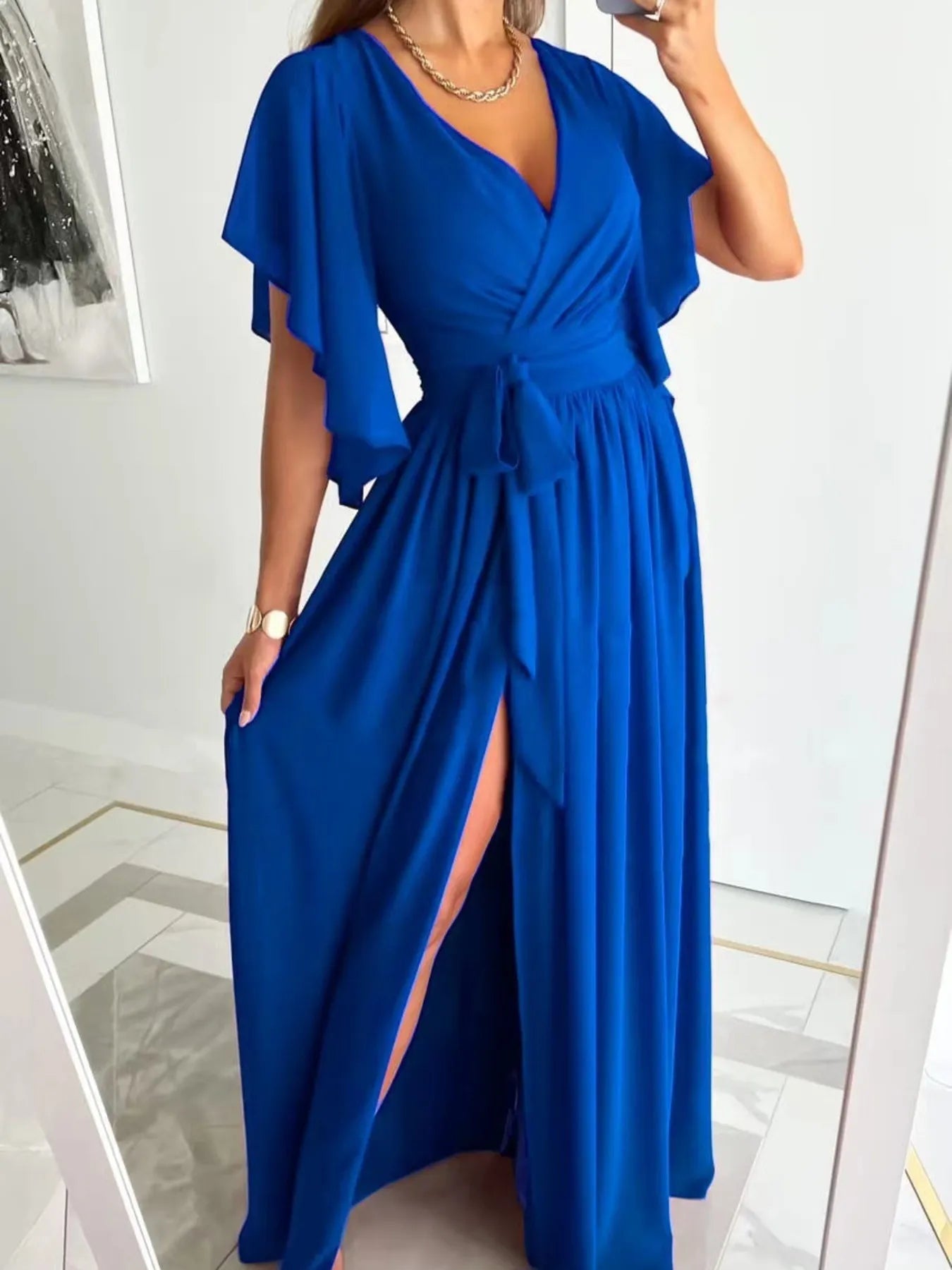 Flutter Sleeve Surplice Tie Waist Dress Blue / S