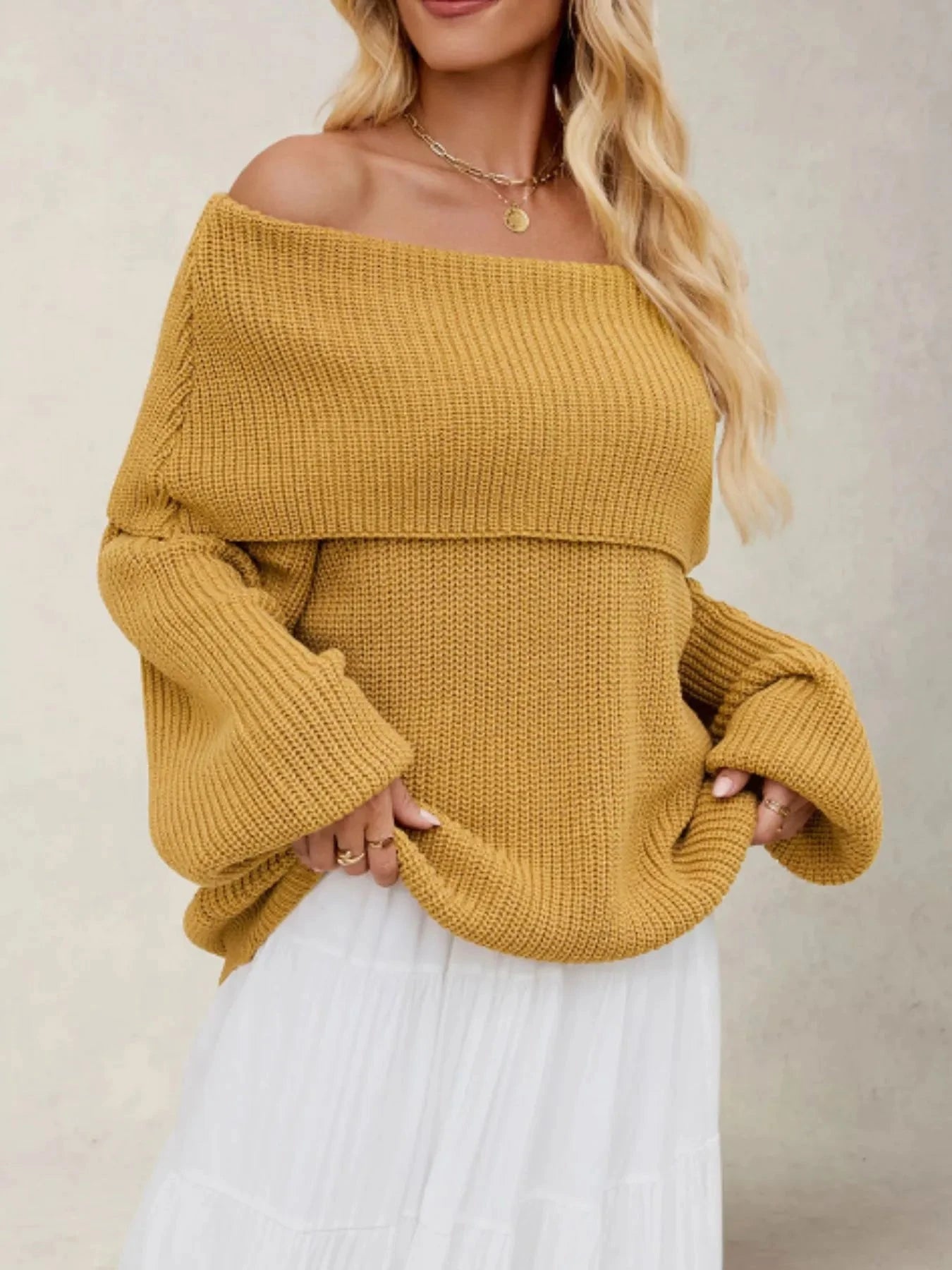 Fold-Over Collar Long Sleeve Sweater