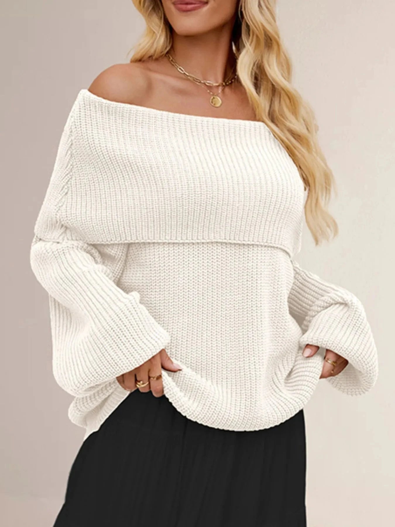 Fold-Over Collar Long Sleeve Sweater