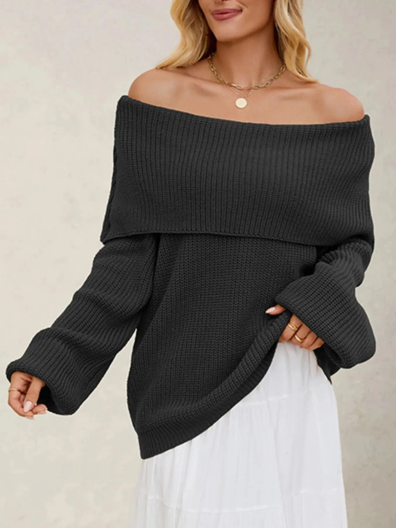 Fold-Over Collar Long Sleeve Sweater