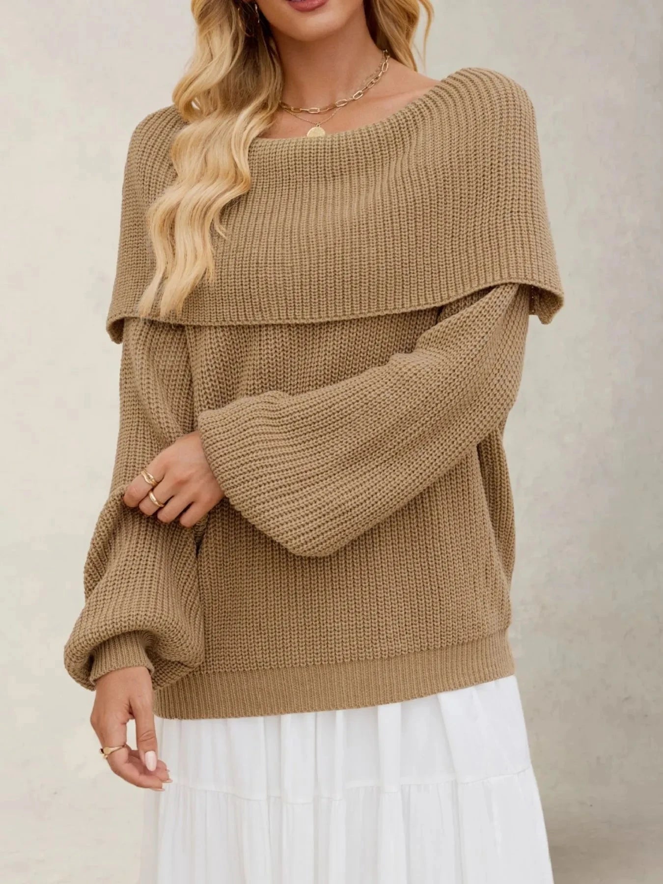 Fold-Over Collar Long Sleeve Sweater