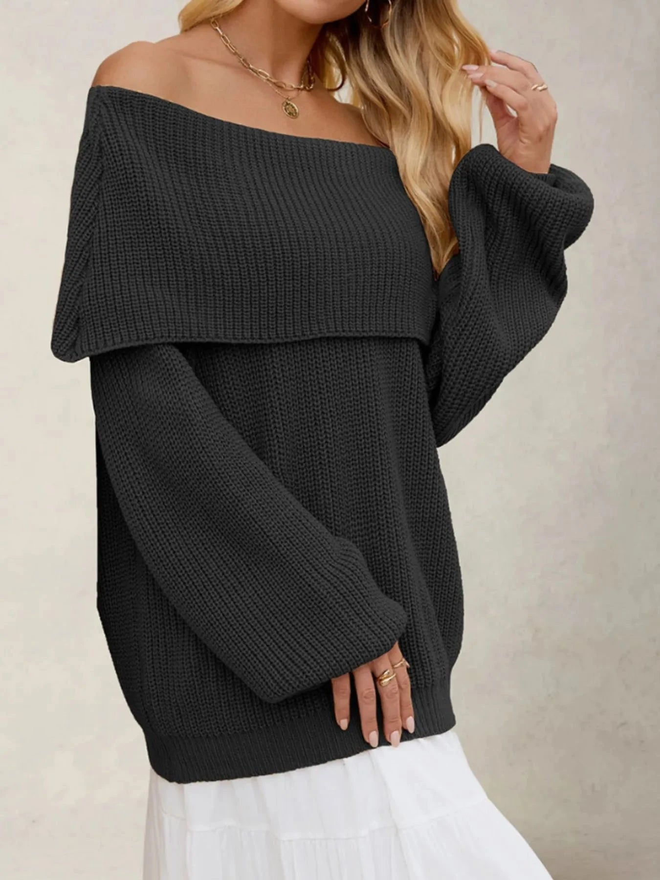 Fold-Over Collar Long Sleeve Sweater Black / S