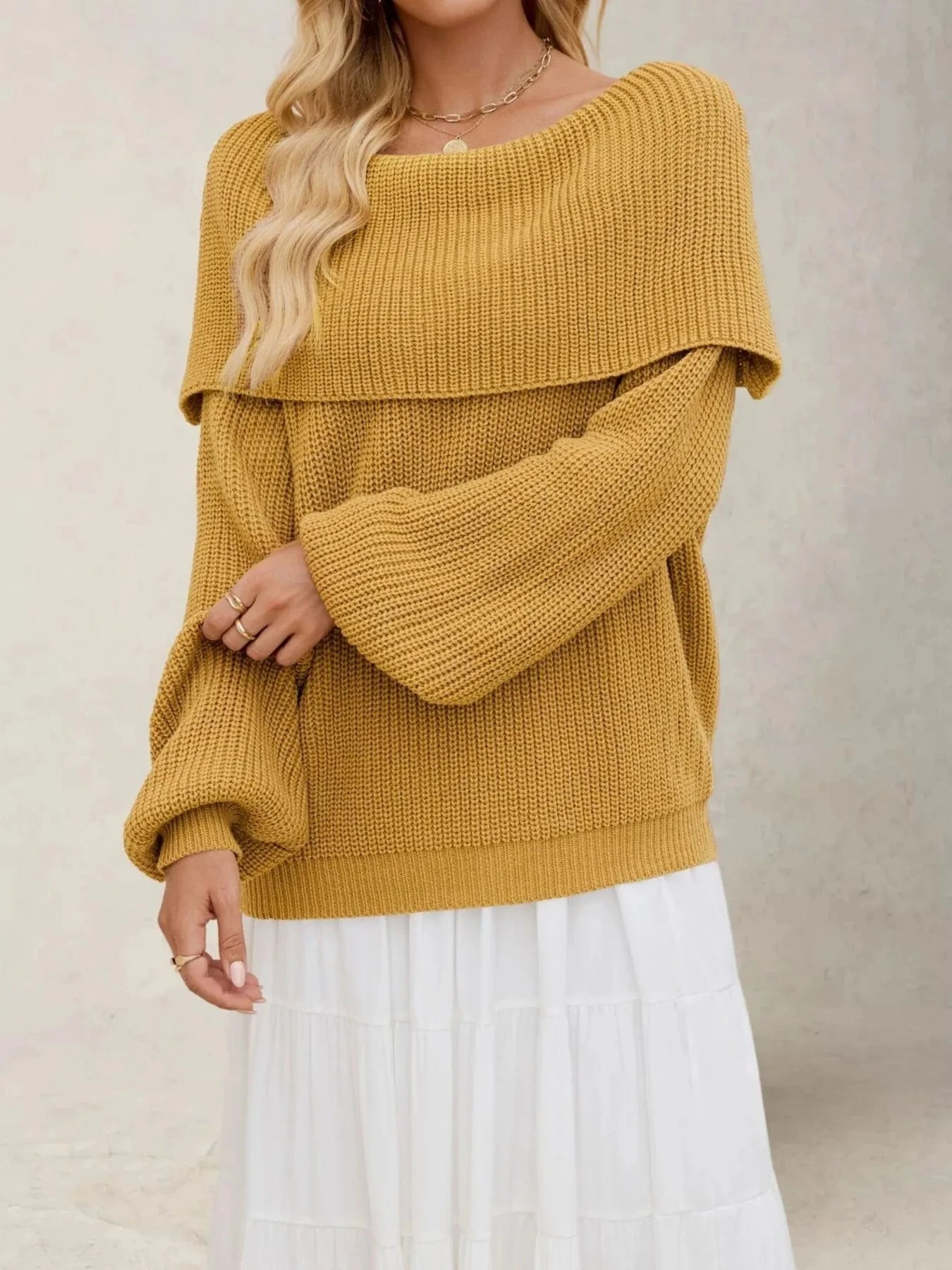 Fold-Over Collar Long Sleeve Sweater Dark Yellow / S