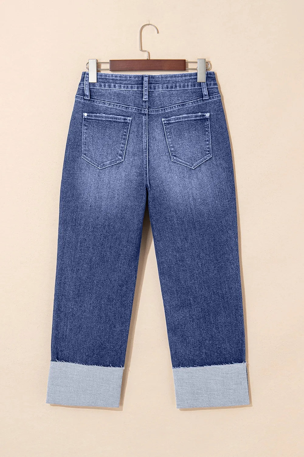 Folded Cuffs Distressed Straight High Waist Jeans