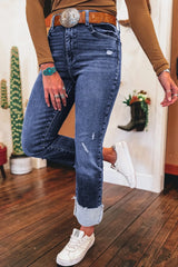Folded Cuffs Distressed Straight High Waist Jeans