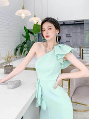 Frill-Adorned One-Shoulder Front Slit Dress